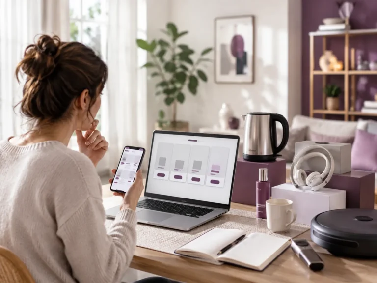 Persoon vergelijkt thuis verschillende producten via laptop en smartphone voordat een aankoopbeslissing wordt genomen.