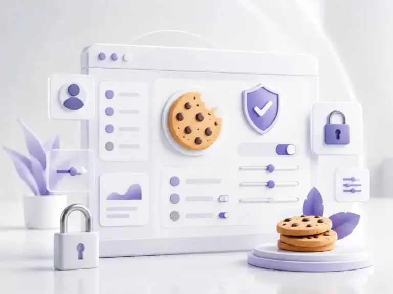 Illustratie van een cookie- en privacydashboard met beveiligingssymbolen, instellingen en transparant gegevensbeheer.