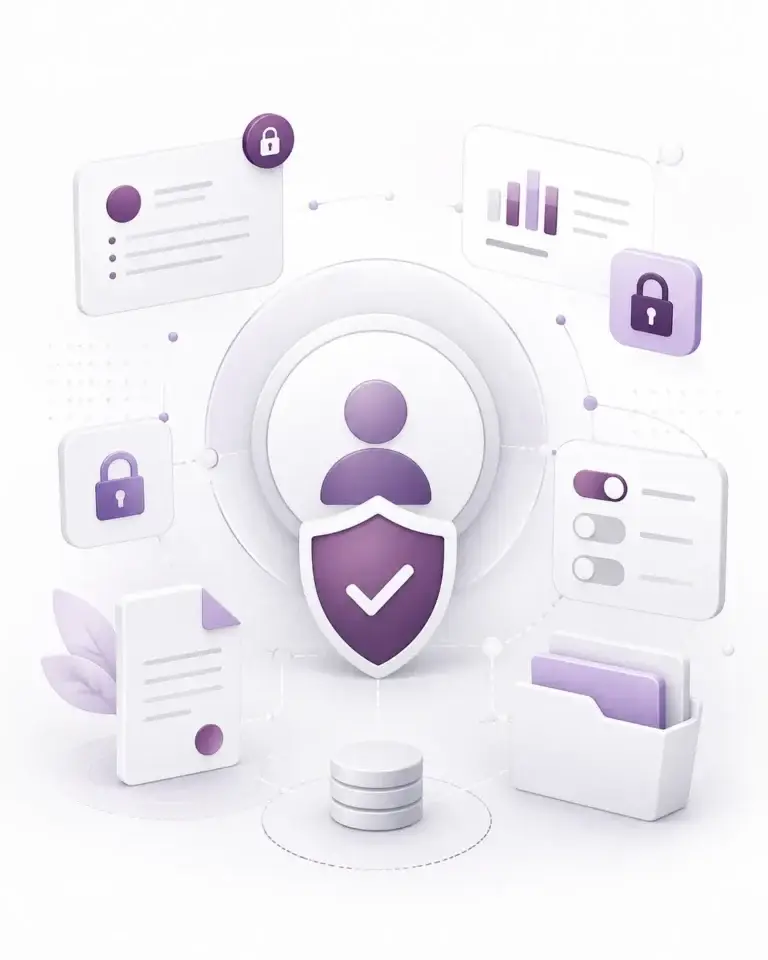 Illustratie van privacybescherming met gebruikersgegevens, beveiligde opslag, instellingen en transparant databeheer.