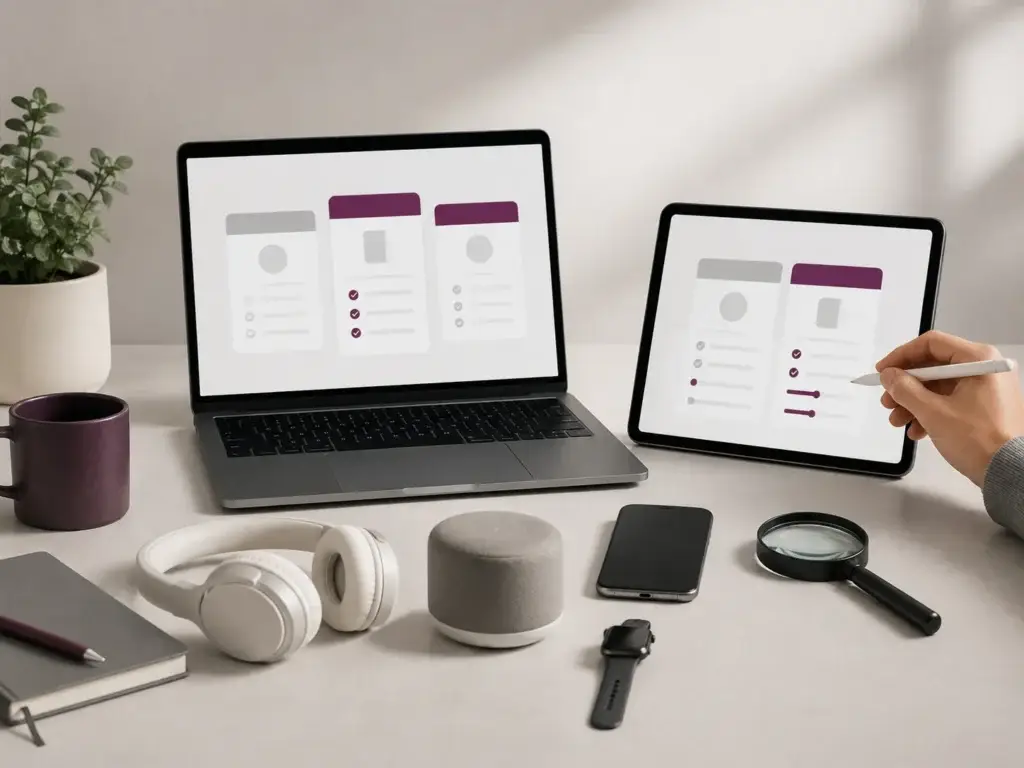 Laptop en tablet met visuele vergelijking van verschillende producten en belangrijke eigenschappen.