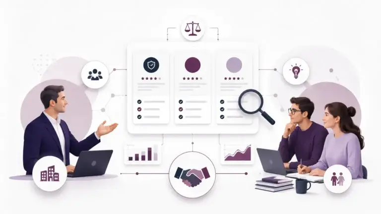 Illustratie van samenwerking tussen FF Vergelijken, partners en bezoekers die producten en diensten onderzoeken en vergelijken.