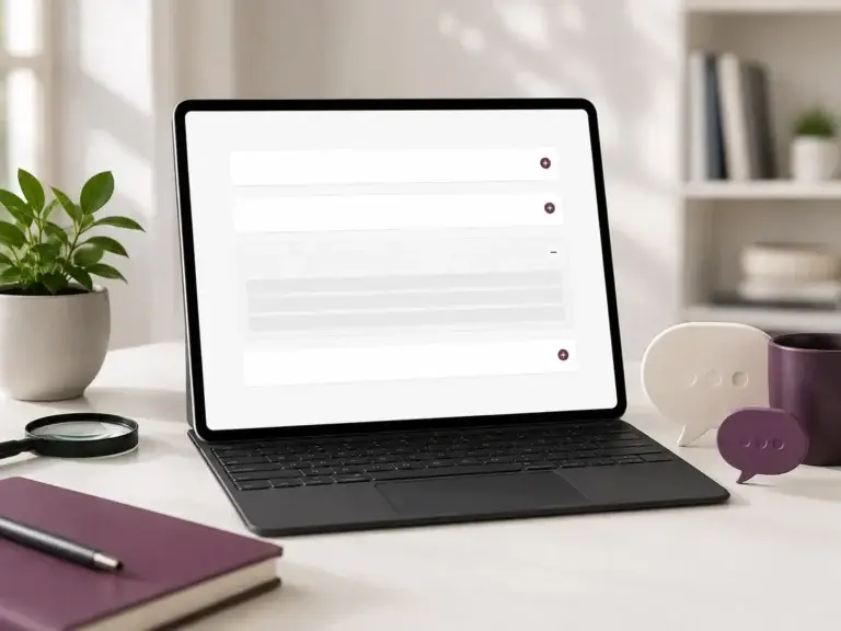 Laptop met een overzichtelijke FAQ-interface en visuele elementen voor vragen, antwoorden en informatie zoeken.